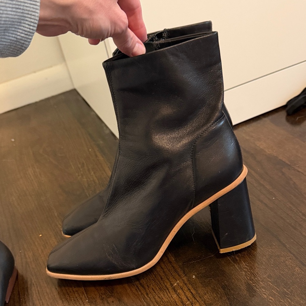 Black Leather Block Heel Boots